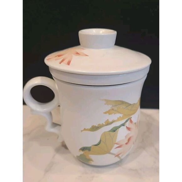 Teavana Porcelain Tea Cup Infuser With Lid Birds & Flower Design - 3 Pieces EUC - Picture 2 of 9